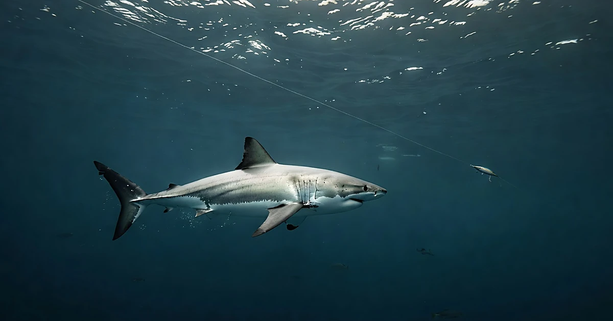 Juvenile great white shark swimming through blue-green ocean water near a fishing line with lure