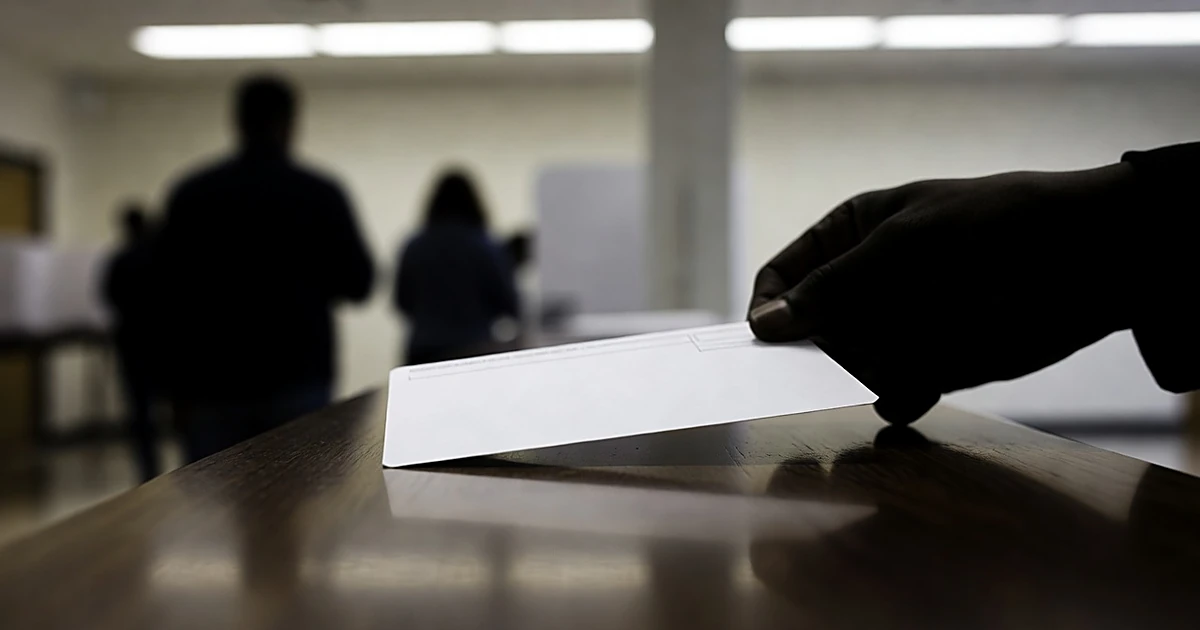 Voter registration card being passed across polling station counter to silhouetted election worker