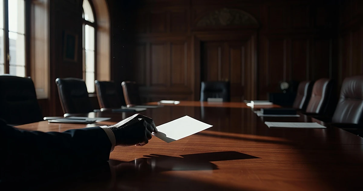 Blank document being pushed across boardroom table with credit card, dramatic lighting, silhouetted hand visible