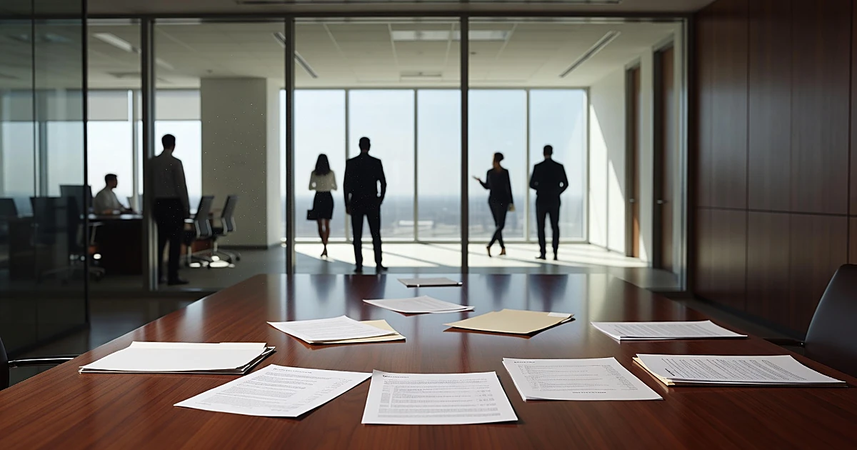 Nonprofit boardroom with conference table and worker silhouettes visible through windows in background