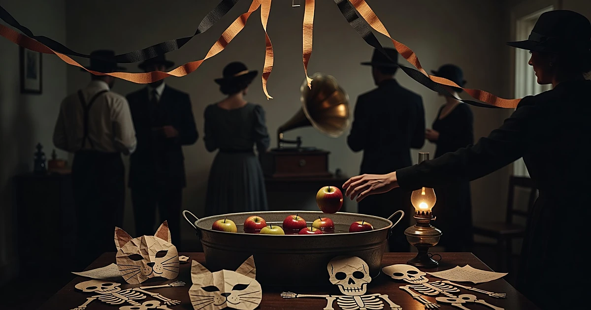 1920s parlor with handmade paper Halloween masks, apple-bobbing tub, and silhouetted party guests around phonograph