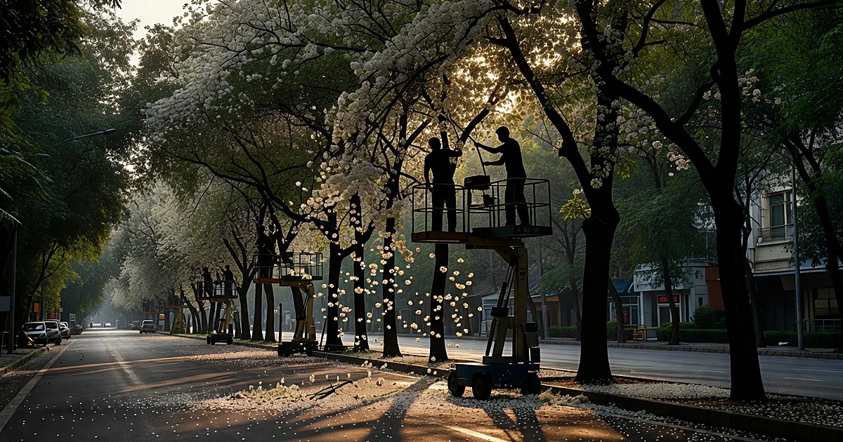 Municipal workers pruning flowering trees along urban boulevard with cut blossoms on pavement