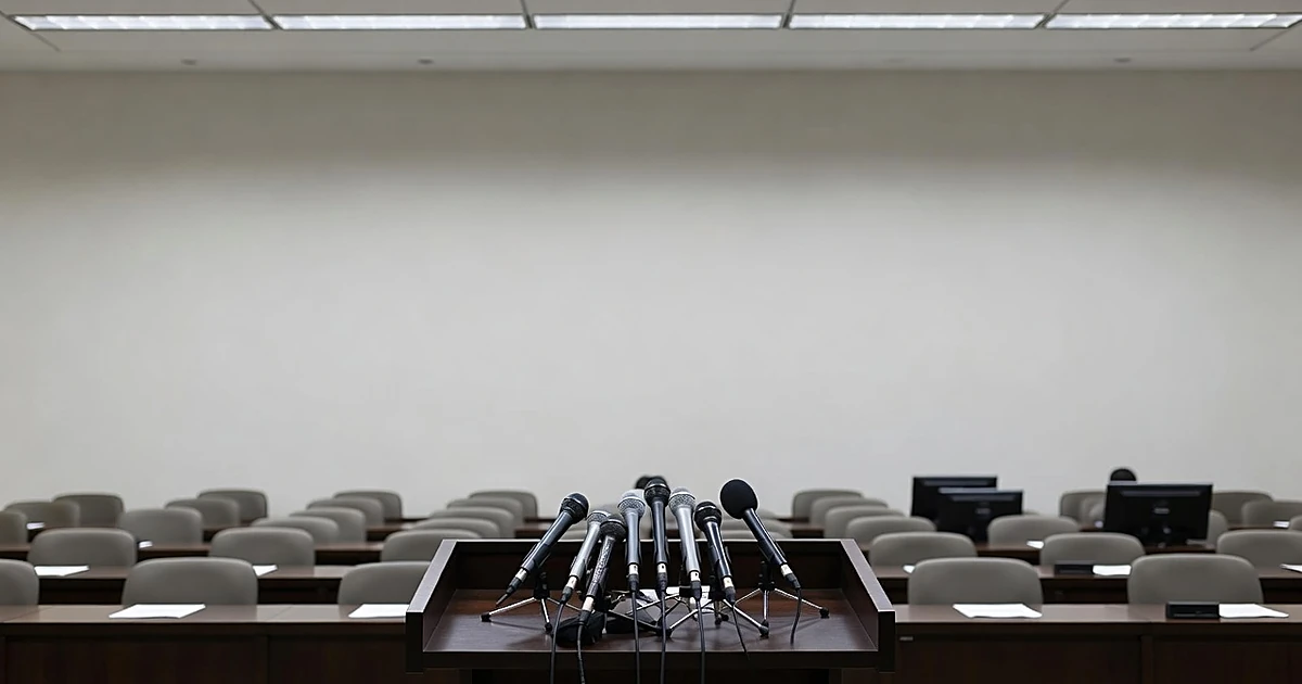Empty diplomatic briefing podium with multiple microphones in institutional room with vacant chairs