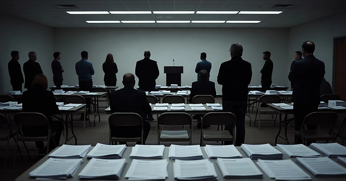 Sparse crowd of silhouetted figures in dimly lit campaign headquarters with empty chairs and scattered attendees