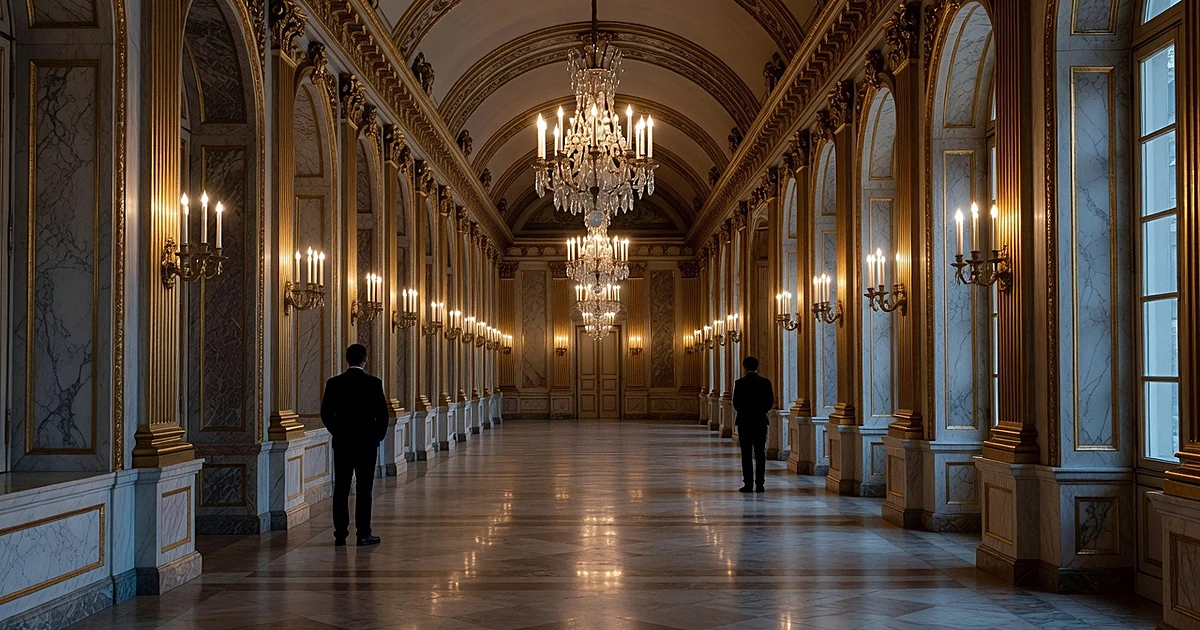 Two silhouetted figures at opposite ends of an ornate palace corridor, facing away from each other