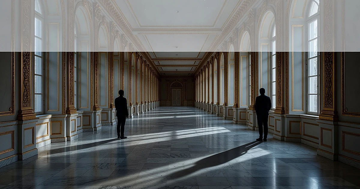 Two silhouetted figures stand at opposite ends of an ornate palace corridor with dramatic lighting