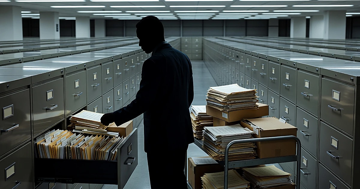 Silhouetted figure reaching into filing cabinets filled with document boxes in archive room