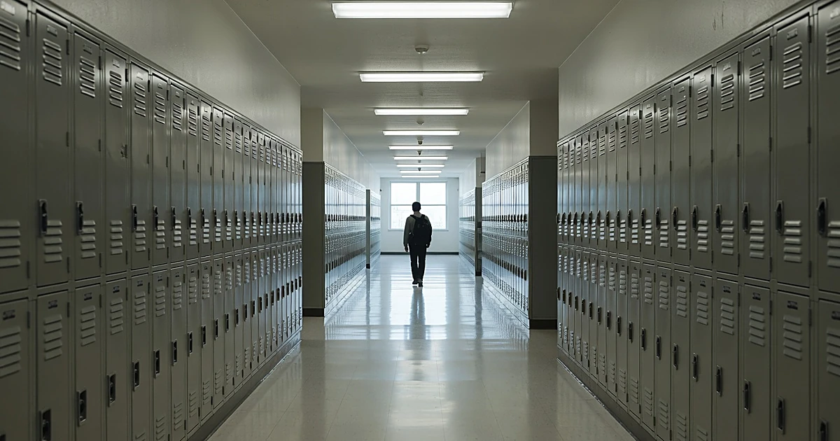 Student silhouette walking through empty middle school hallway with rows of metal lockers on both sides