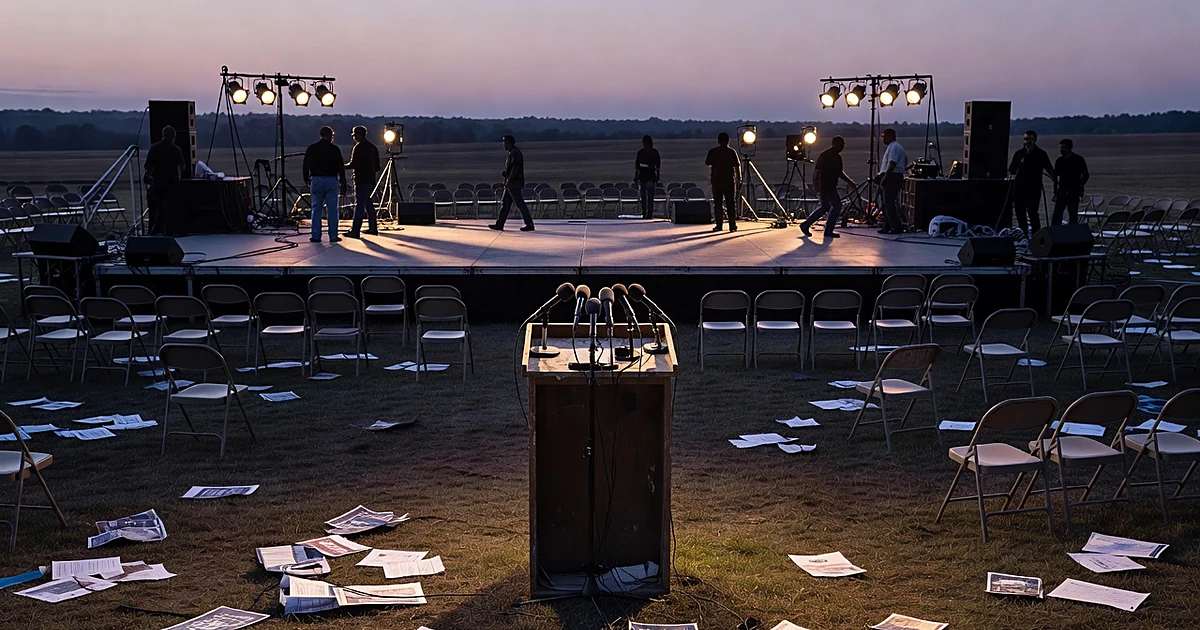 Empty political rally stage at dusk with podium and microphones, silhouetted crew in background