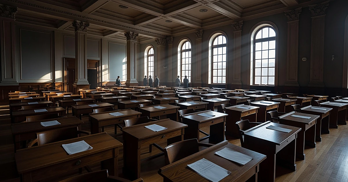 Empty legislative chamber with vacant desks and scattered papers, silhouetted figures in background