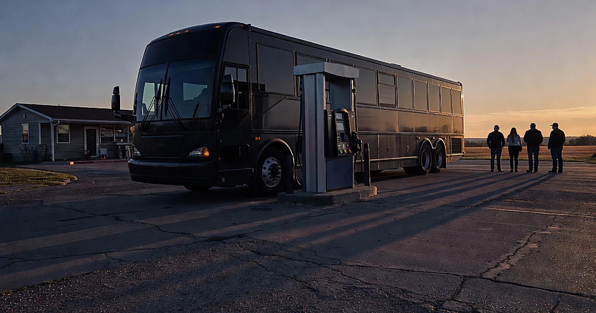 Campaign bus refueling at rural Iowa gas station during golden hour with pump nozzle inserted