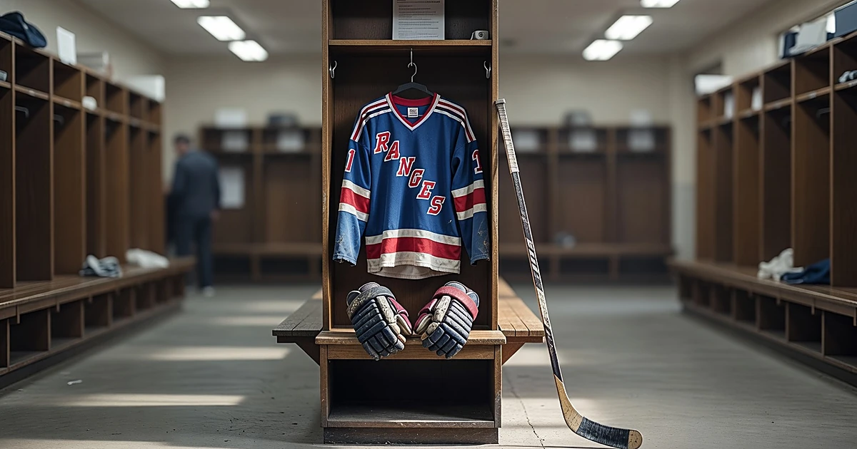 Empty hockey locker room with vintage Rangers jersey hanging in open locker with equipment on bench below