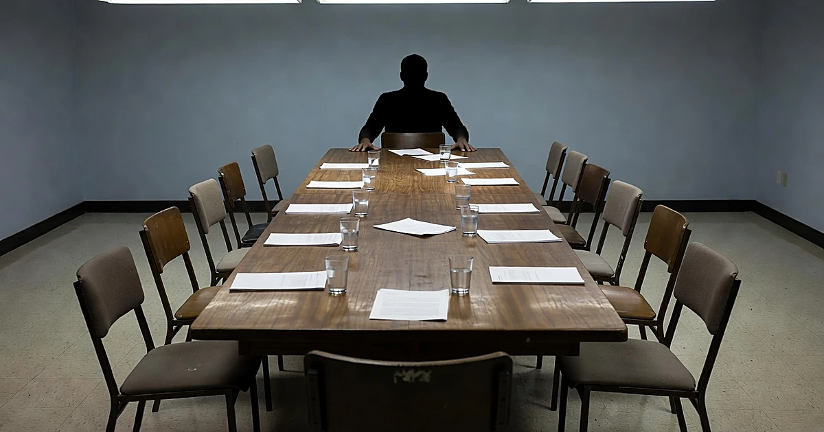 Empty jury deliberation room with eleven abandoned chairs and one occupied seat at wooden table
