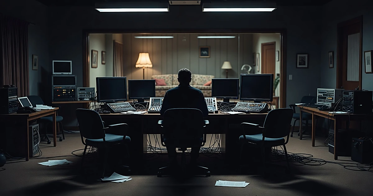 Silhouetted figure in television studio control room with vintage sitcom set visible through glass partition