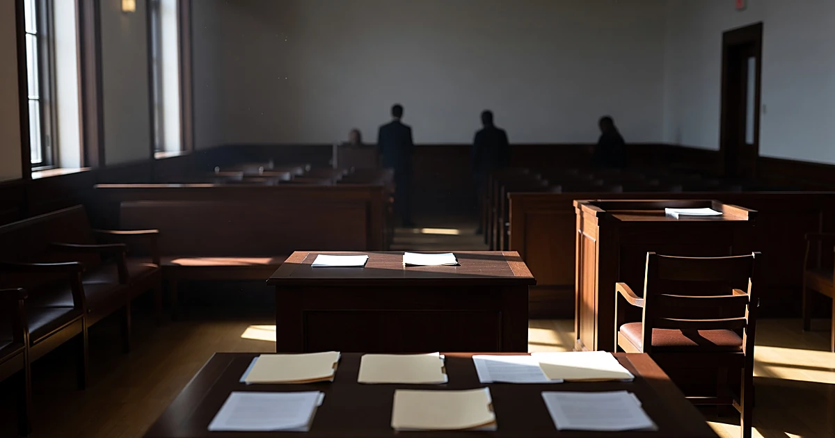 Empty immigration courtroom with judge's bench, witness stand, and afternoon light streaming through windows