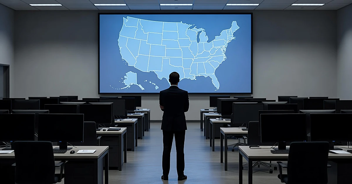 Silhouetted figure facing illuminated US map in federal operations center with empty workstations