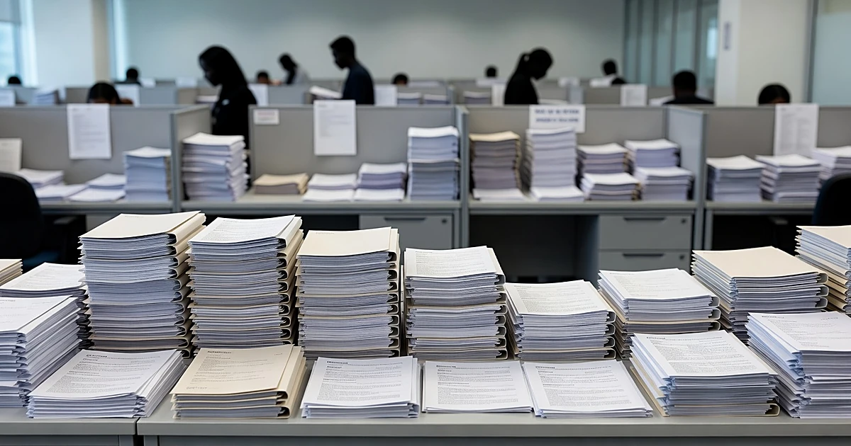 Immigration office interior with visa application documents on desks and silhouetted workers processing paperwork
