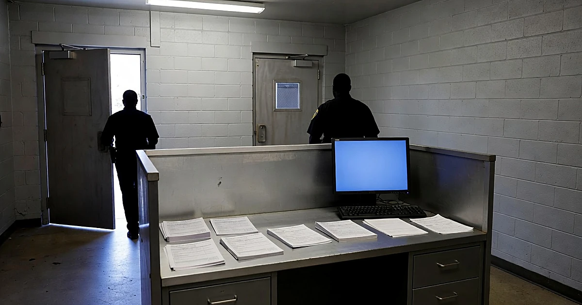 County jail booking station with processing desk and silhouetted officer near security door with exit to daylight