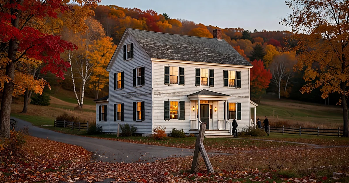 White clapboard New England inn with black shutters surrounded by autumn trees at dusk