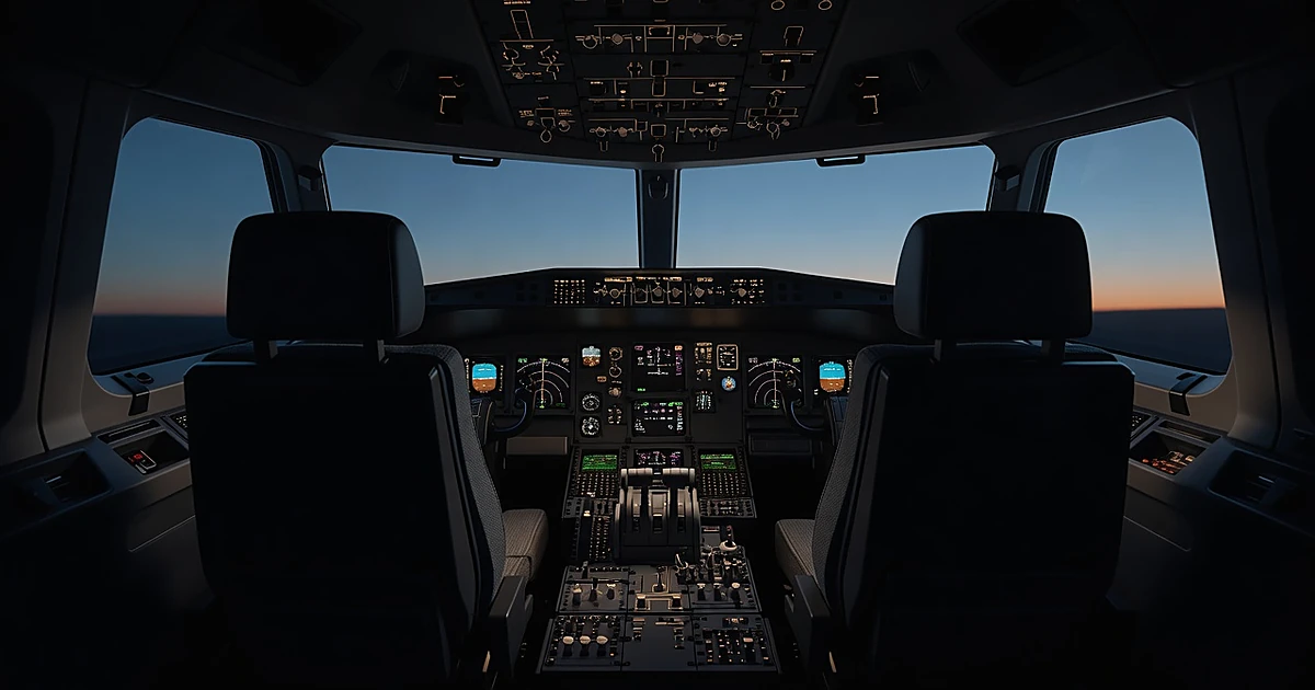 Empty commercial aircraft cockpit interior at dusk with illuminated instrument panel and pilot seats in silhouette