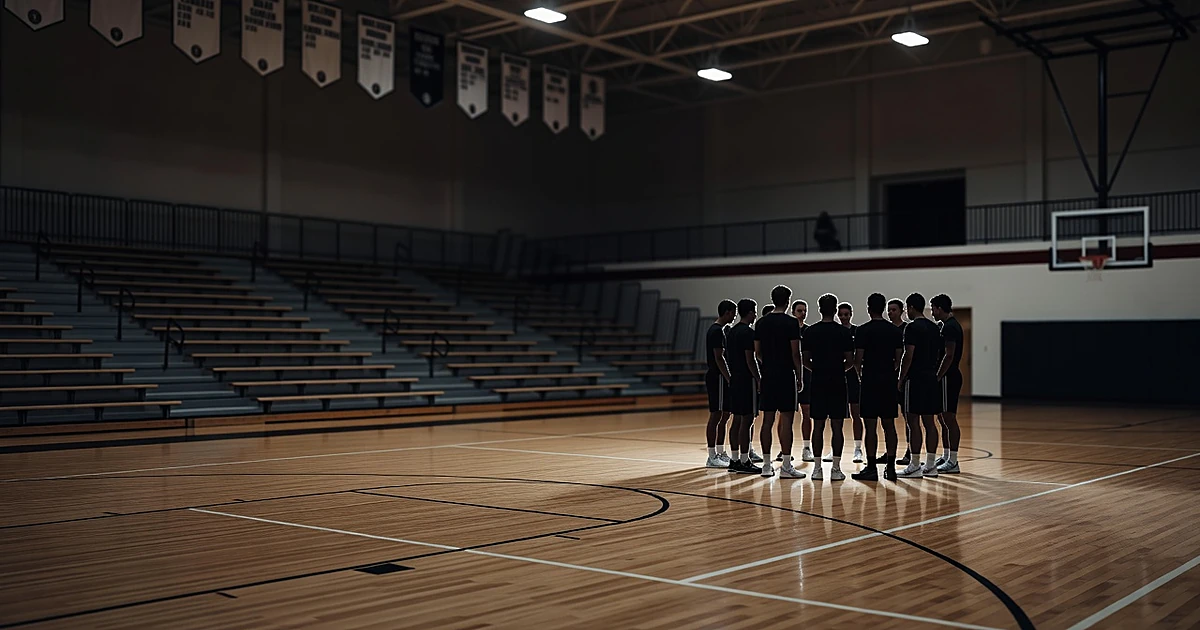 Empty high school gymnasium with silhouetted athletes gathered on basketball court under bright overhead lights