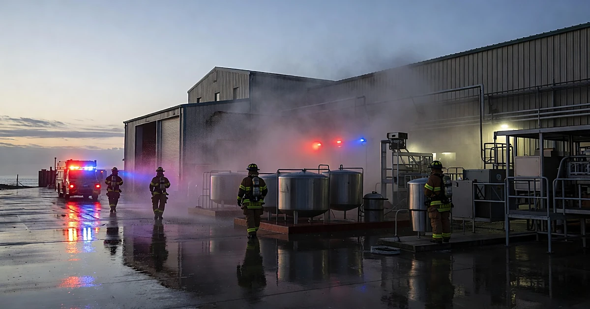 Emergency responders at industrial seafood processing plant with flashing lights reflecting on wet pavement at dusk