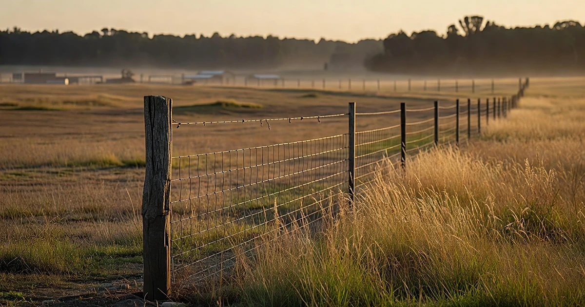 Wooden fence post and wire fencing at edge of rural animal sanctuary with trees in distant background