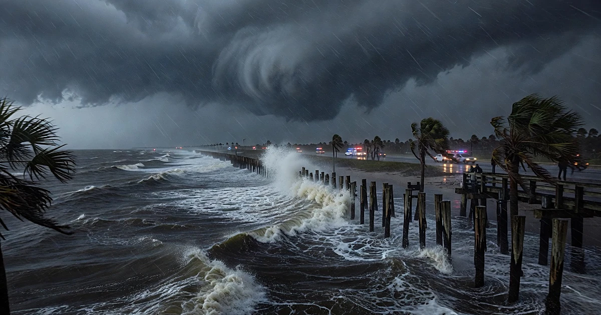 Storm clouds gather over Gulf Coast waters as emergency lights flash along coastal highway in heavy rain