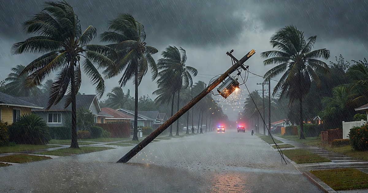 Downed power lines and flooding on a Gulf Coast street during hurricane conditions with emergency lights in distance