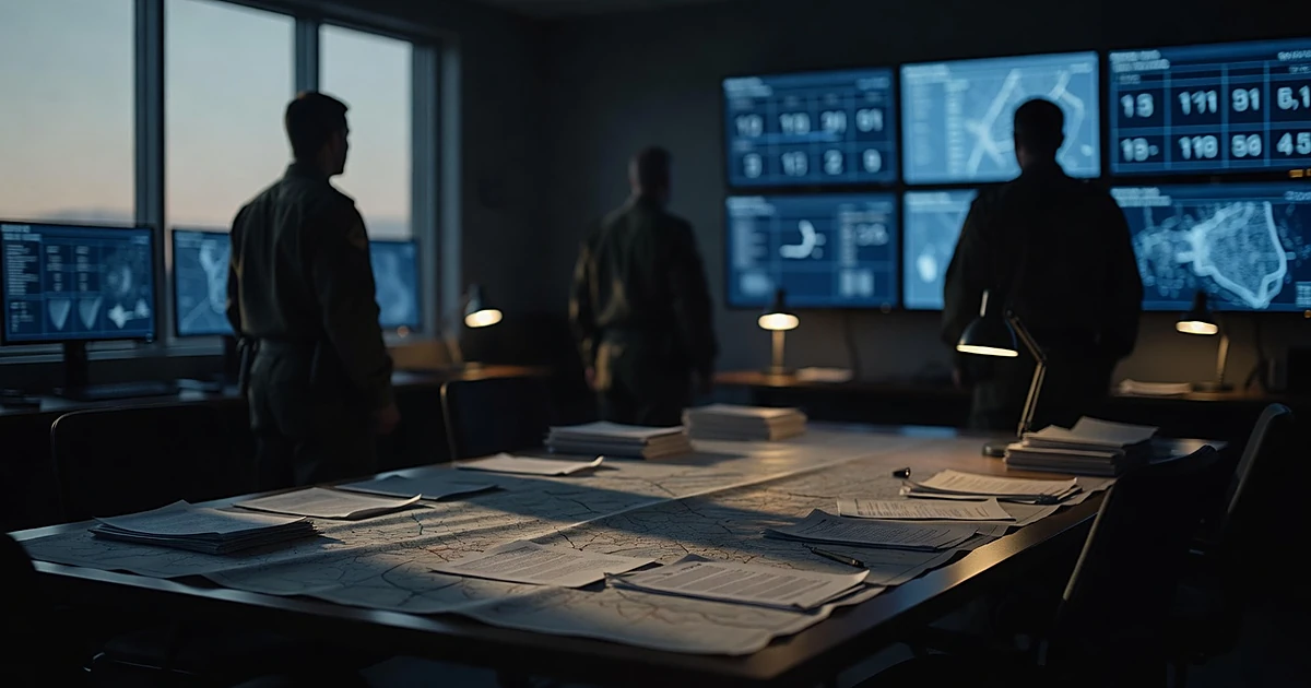 Military operations room with silhouetted personnel at tactical screens and scattered documents on command table