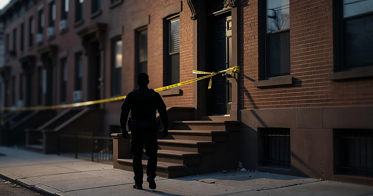 Federal agent silhouette walking from residential entrance with evidence tape across doorway at dusk