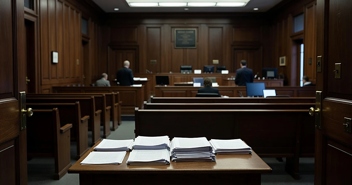 Empty courtroom with judge's bench and legal documents on table in neutral lighting