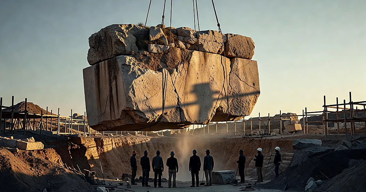 Ancient stone structure being lifted by crane at archaeological excavation site with silhouetted workers observing