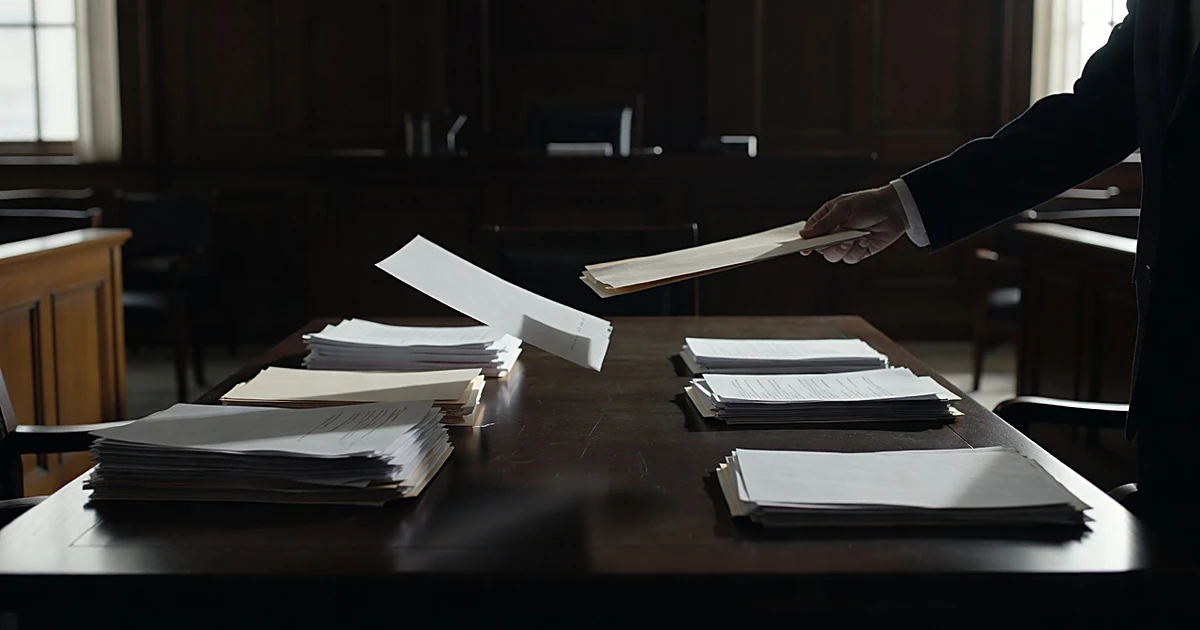 Documents and folders scattered on courtroom table with silhouetted hands transferring materials across surface