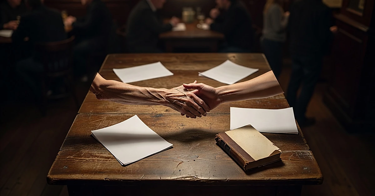 Two hands reaching across a wooden pub table to meet, surrounded by papers and a worn book in warm lighting