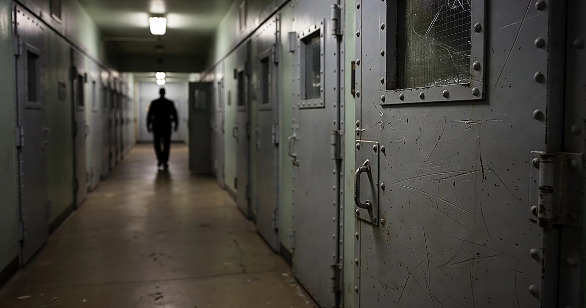 Prison corridor with steel cell doors and silhouetted officer walking away in harsh fluorescent light