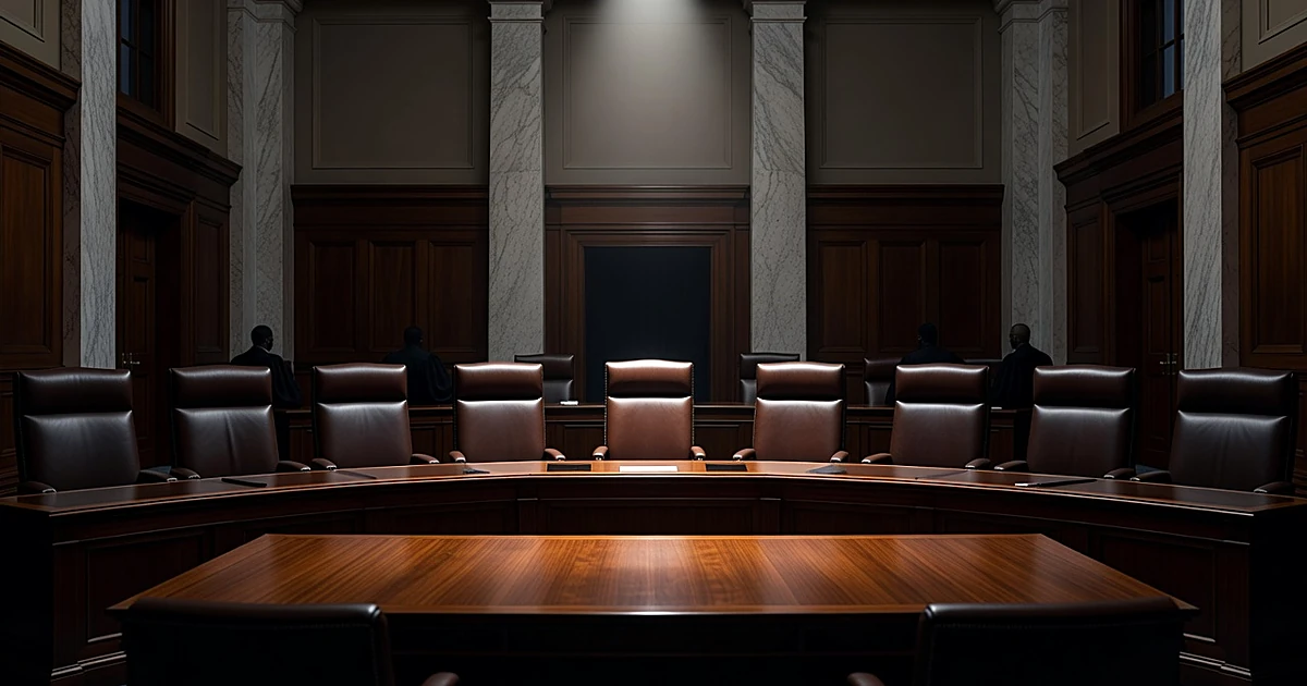 Supreme Court bench with center chair spotlit while eight surrounding chairs remain in shadow