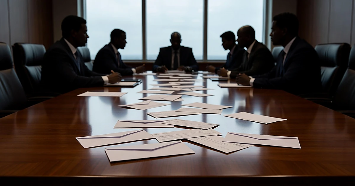 Corporate boardroom table with scattered blank checks and silhouetted figures in chairs discussing at far end