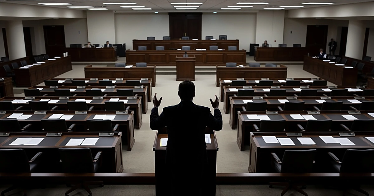Silhouetted figure speaking at podium in Texas legislative chamber with scattered papers on desks