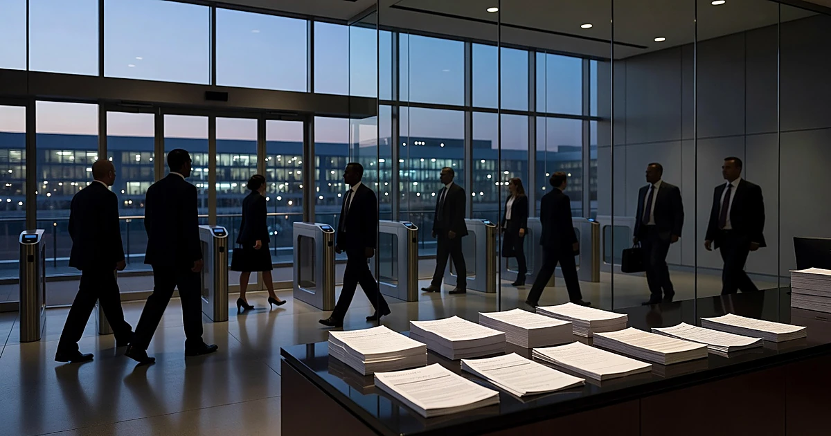Corporate office entrance with silhouetted workers and immigration documents on reception desk at dusk