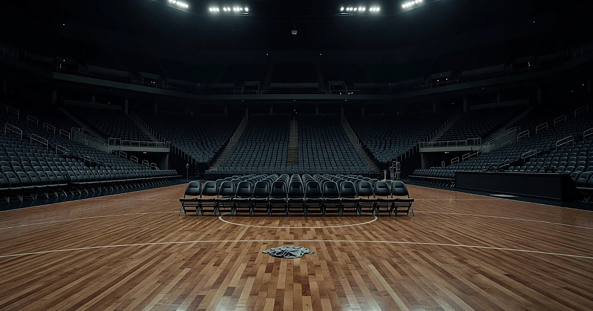 Empty professional basketball arena with stadium lights illuminating vacant seats and polished court floor