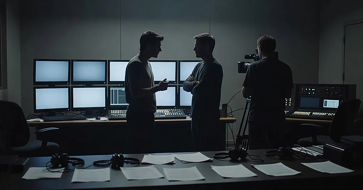 Television studio control room with silhouetted crew members and glowing blank monitors during production