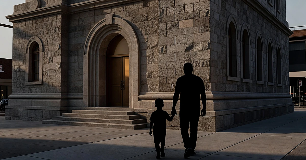 Silhouetted parent and child walking toward illuminated synagogue entrance at dusk