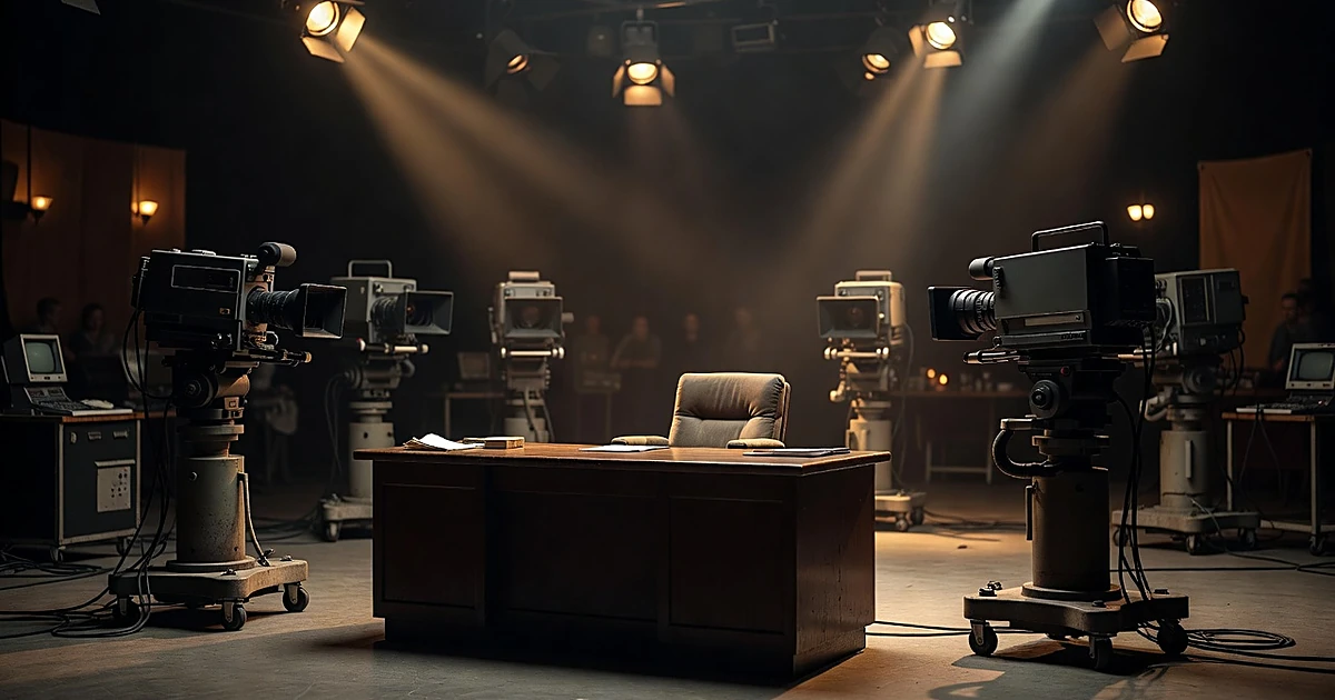 Empty 1980s television studio with vintage cameras surrounding vacant broadcast desk under dramatic overhead lighting