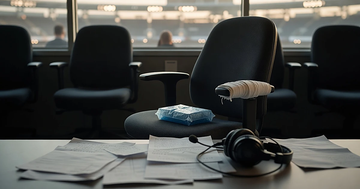 Empty broadcast booth chairs with ice pack on seat and taped armrest after on-air incident