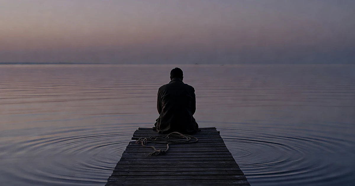 Silhouetted figure sits alone on dock at dusk facing still water in contemplative pose