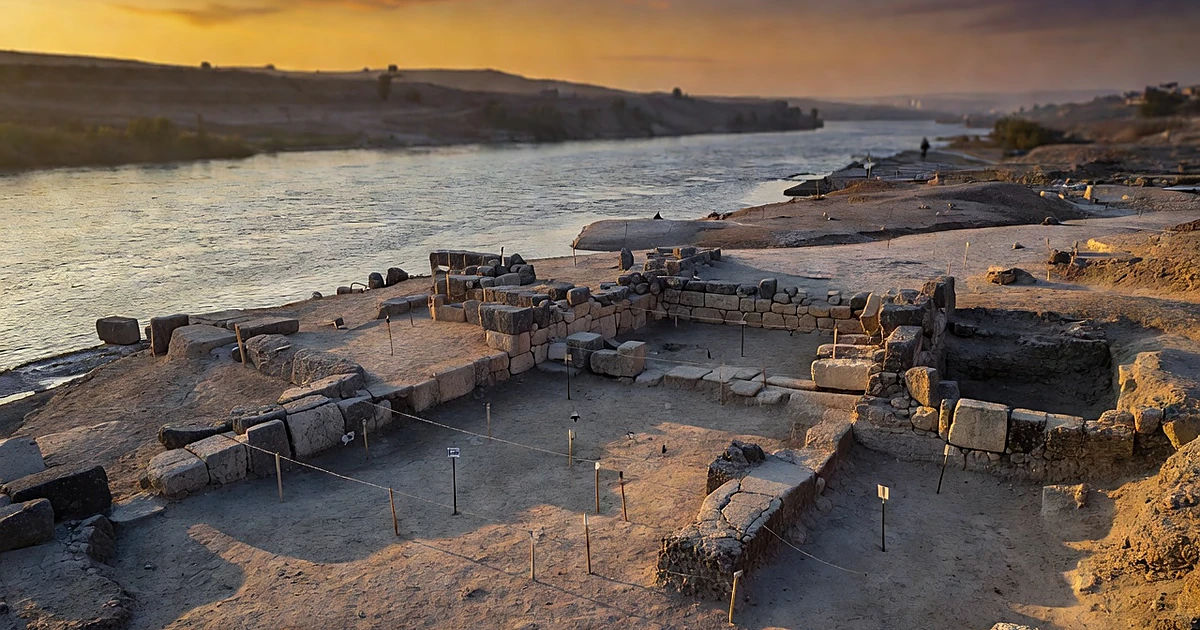 Archaeological ruins on the eastern bank of the River Jordan with excavation site at dusk