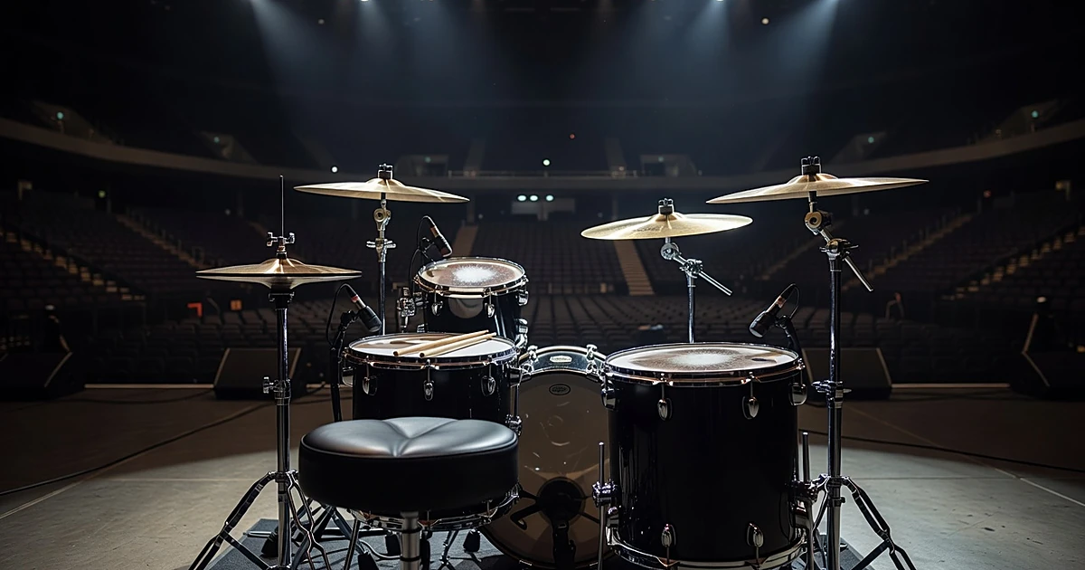 Empty drum kit on concert stage with vacant throne and dramatic stage lighting in darkened arena