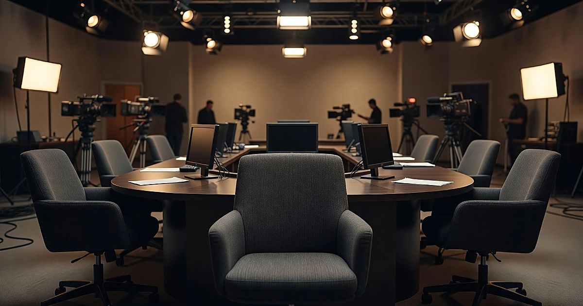 Empty chair at television talk show desk with studio lights overhead
