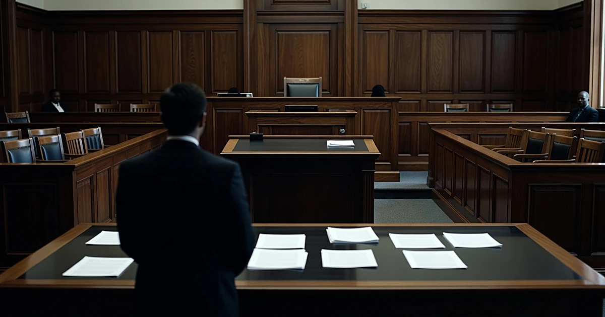 Federal courtroom interior with silhouetted prosecutor at table before empty judge's bench